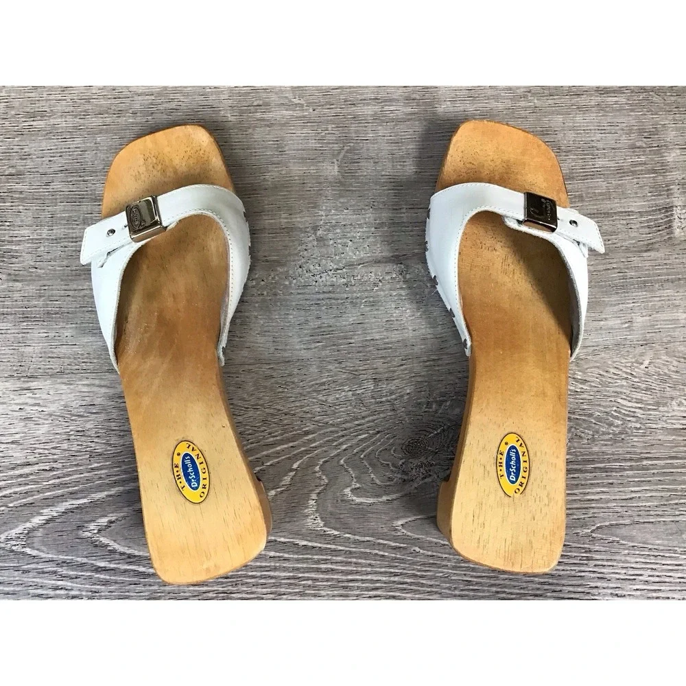 DR SCHOLL'S Original Wooden Sandal Women's Size 10 Slide SPECIAL White Leather